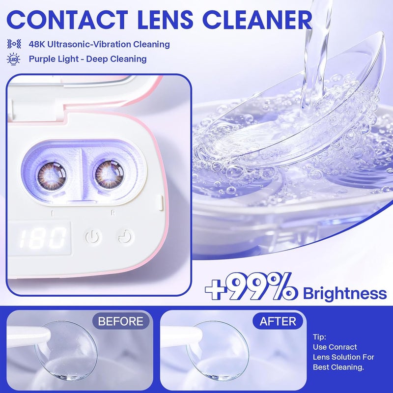 ALLGLAM Portable Contact Lens Cleaner, Automatic Ultrasonic Contact Lens Cleaner Machine with USB Charger, LED Timer Display for Soft Lenses, Colored Contact Lenses Cleaning(Pink) - Image 2